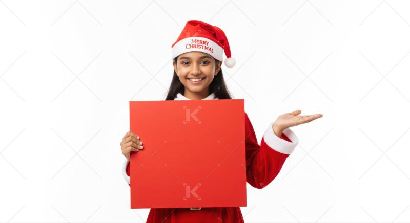 Cheerful girl in Santa costume presenting a blank red board.