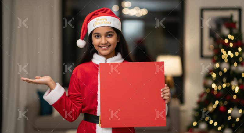 Happy Indian girl Santa holds blank red Christmas sign.