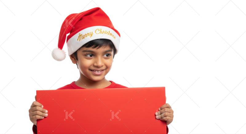 Happy child wearing Santa hat holds empty red board for message.