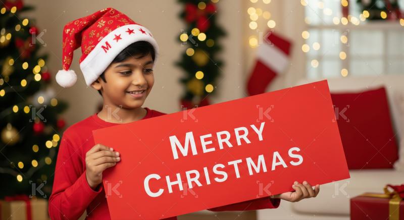 Cheerful boy wishing Merry Christmas in a festive home setting.