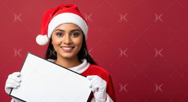 Smiling woman in Santa costume holds blank sign for text.