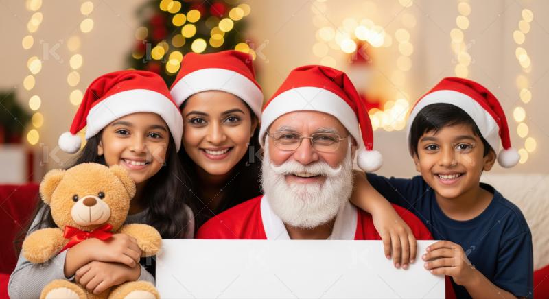Joyful Indian family celebrates Christmas with Santa, holding blank sign.