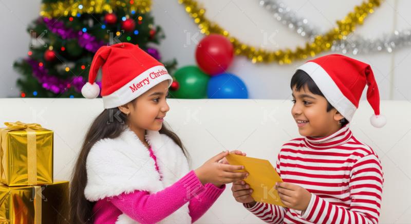 Children joyfully give card, celebrating Christmas holiday with decorations.