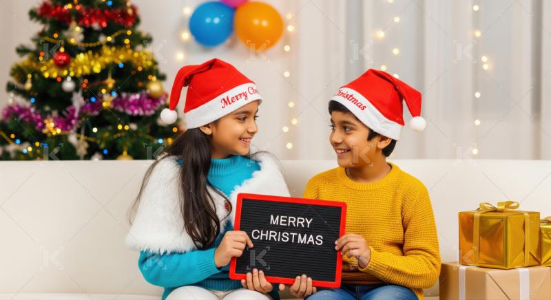 Two cheerful children celebrating Christmas with a festive sign and gifts.