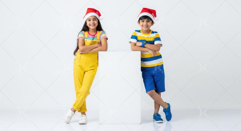 Joyful Indian children wearing Santa hats, celebrating holiday spirit together.