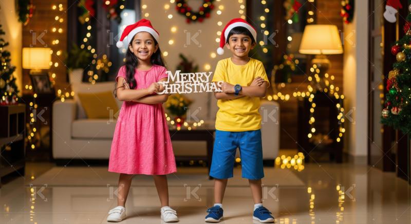 Two joyful children celebrate Christmas, holding a festive Merry Christmas sign.