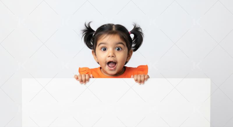 Cute toddler expresses surprise while holding a customizable white board.
