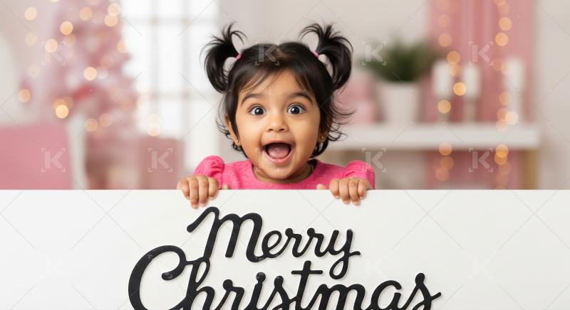 Adorable toddler peeking from behind a 'Merry Christmas' sign.