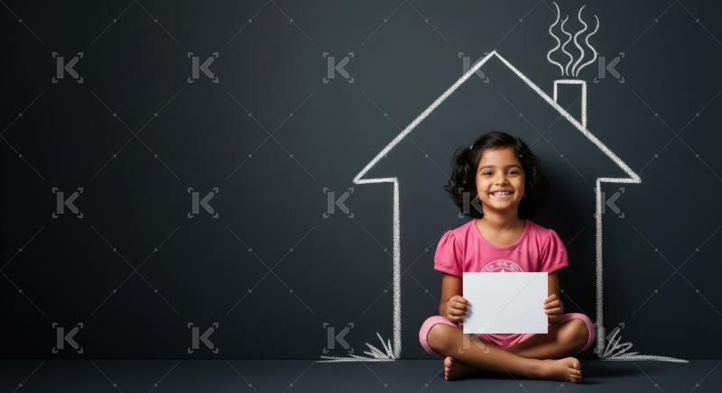 Happy child holds empty sign within chalk house outline.