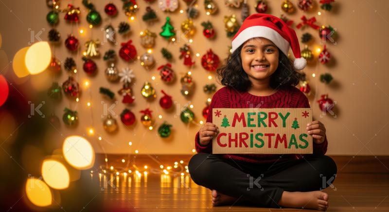 Joyful child celebrates Christmas with festive message and holiday decorations.