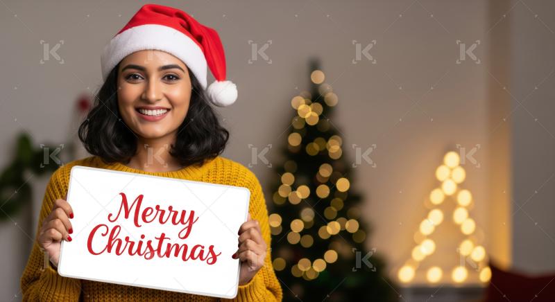 Joyful woman celebrates Christmas, holding a festive holiday greeting.