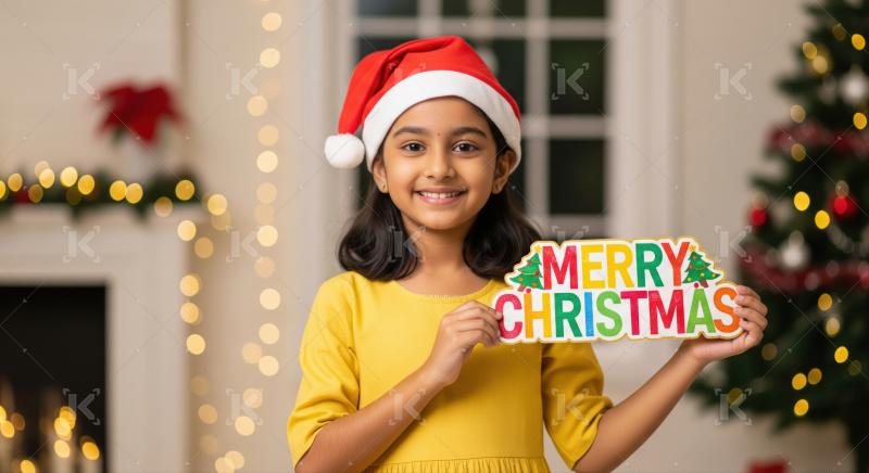 Adorable girl with Santa hat holds colorful Christmas sign.
