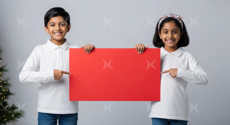 Smiling Indian siblings holding and pointing to blank red board.