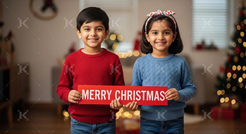 Joyful boy and girl celebrating Christmas with a festive sign.