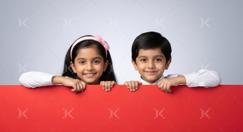Two happy Indian children holding a blank red sign.