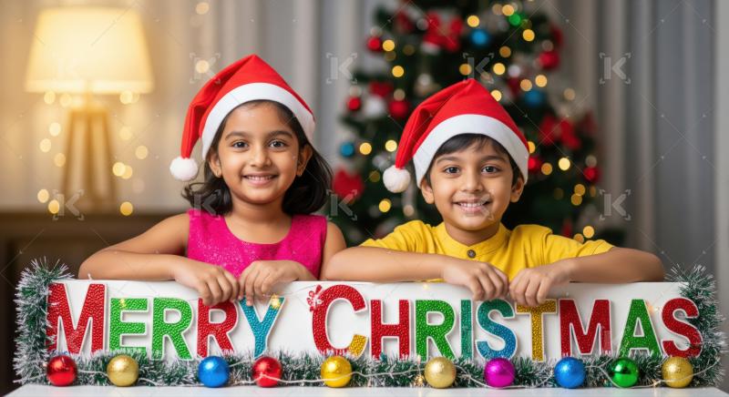 Joyful Indian children celebrate Christmas holidays with festive decorations.