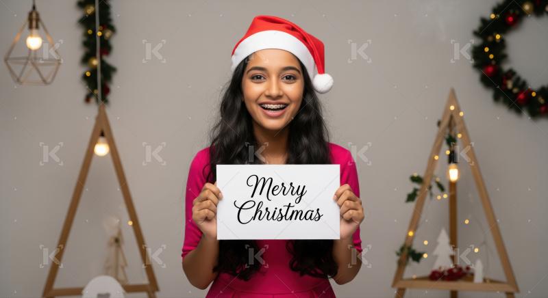 Cheerful young woman spreading holiday joy with Christmas message.