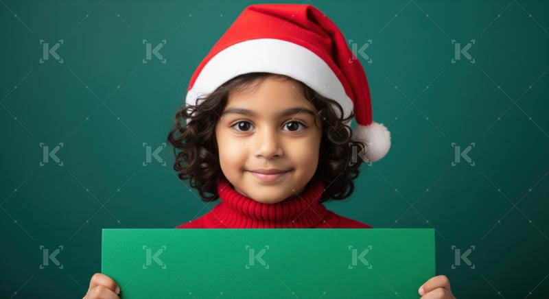 Happy child in festive Santa hat holds blank green sign.