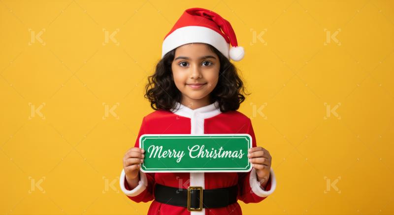 Adorable girl in Santa costume, holding festive Merry Christmas sign.