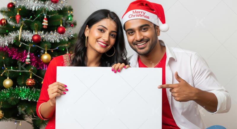 Joyful Indian couple displaying a blank Christmas sign, smiling widely.