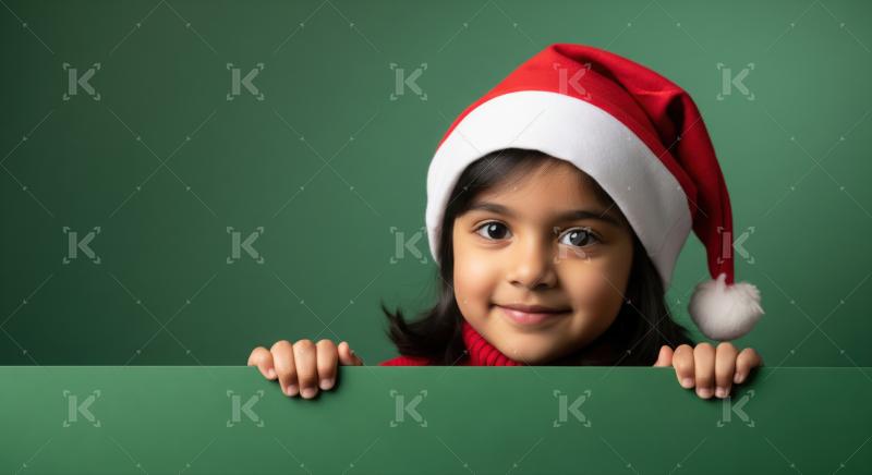 Smiling kid with Santa hat peeks over green surface.