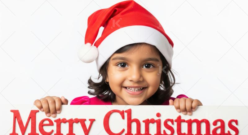 Adorable Indian girl joyfully celebrates Christmas with festive sign.