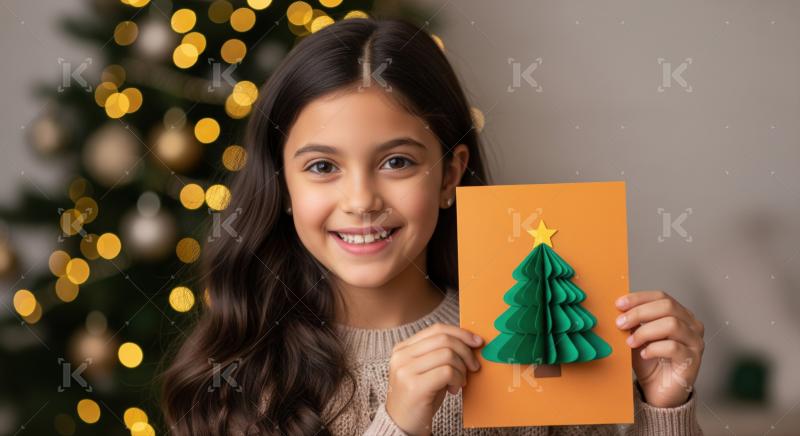Cheerful child smiles holding a beautiful, festive holiday greeting card.