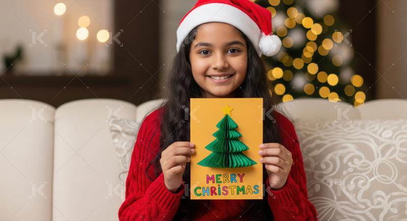 Happy girl holds festive handcrafted Christmas card with a smile.