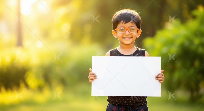 Adorable boy holds blank sign in beautiful sunny park.