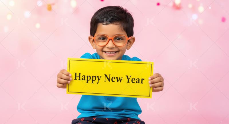 Happy child in glasses shows "Happy New Year" greeting cheerfully.