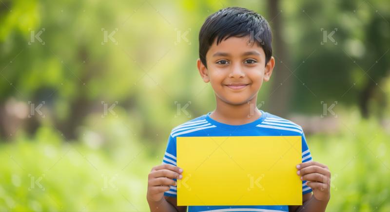 Smiling child displaying empty yellow card in natural outdoor setting.