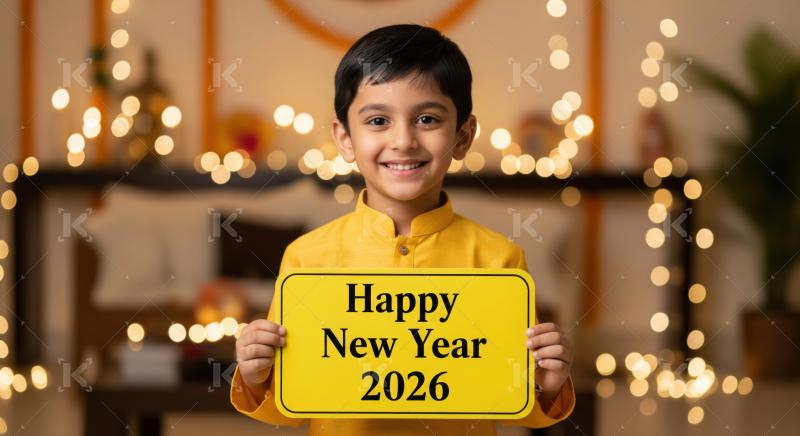 Cheerful Indian child wishes Happy New Year 2026 festively.