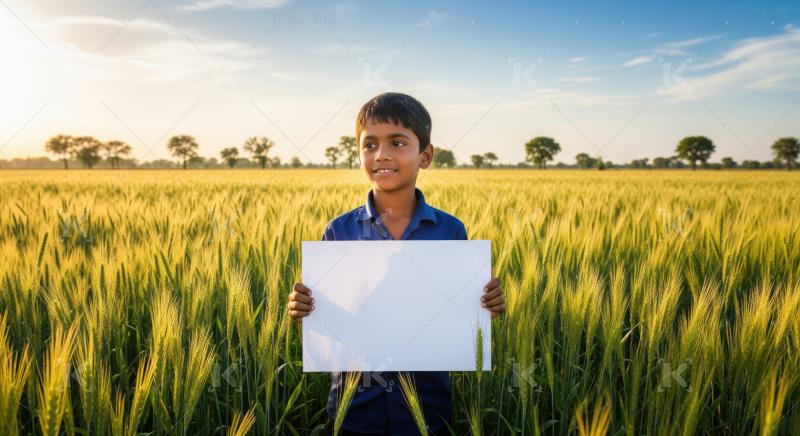 Hopeful boy holds blank sign in beautiful green wheat field.