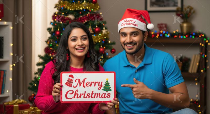 Cheerful Indian couple celebrating Christmas with a festive "Merry Christmas" sign.
