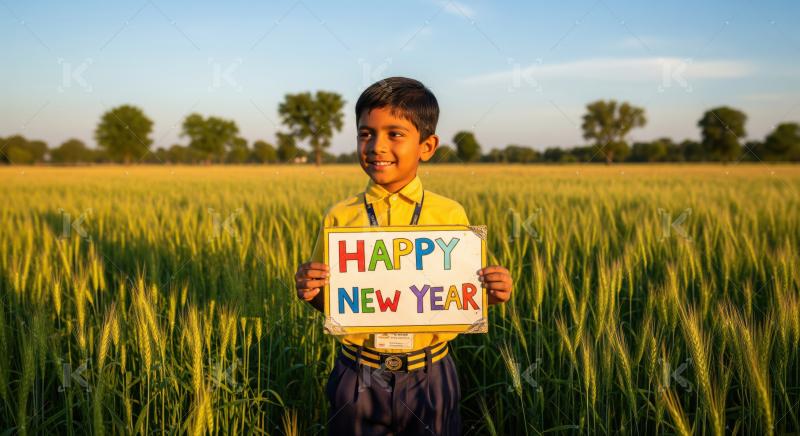 Joyful boy holds Happy New Year sign in sunlit field.
