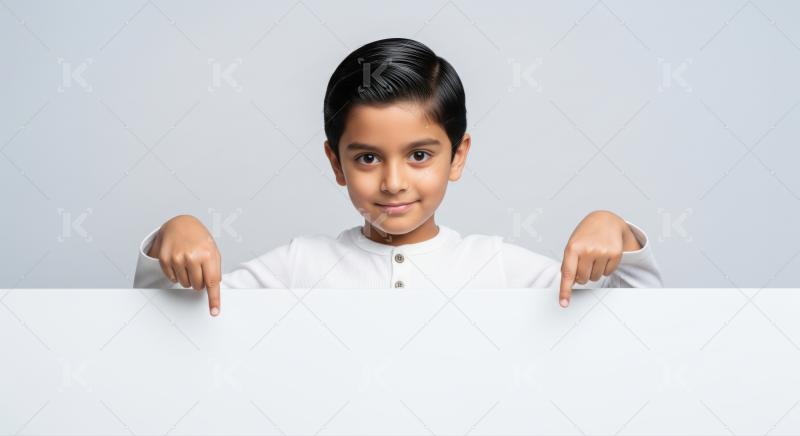 Young boy smiling, pointing fingers down at blank board.