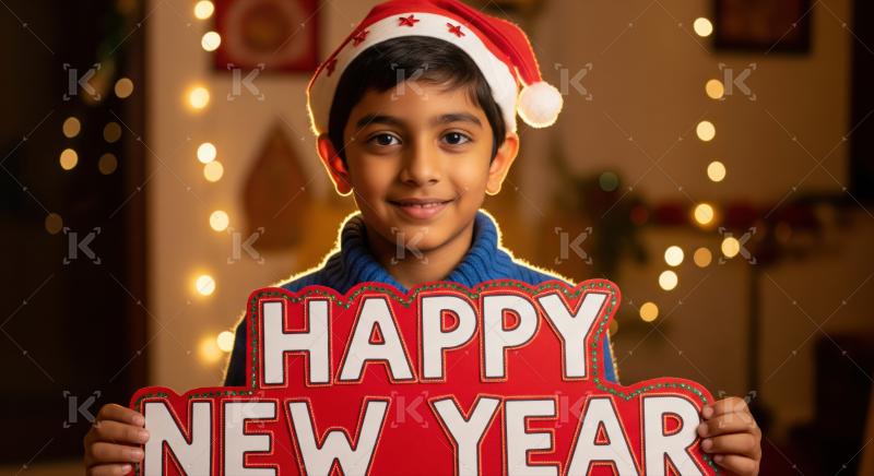Smiling Indian boy celebrates New Year in festive lights.