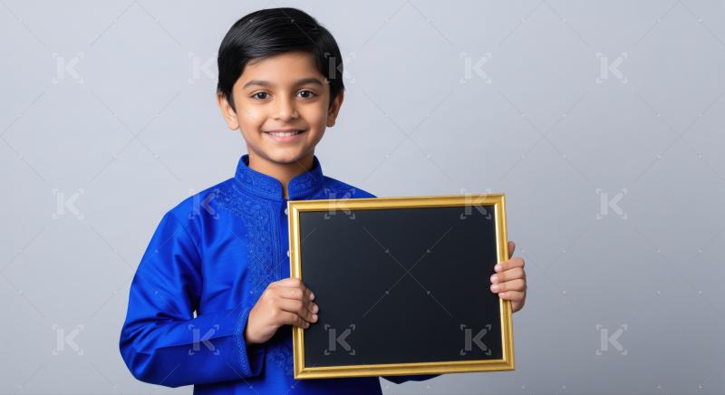 Cheerful Indian boy holds empty golden frame, ready for message.