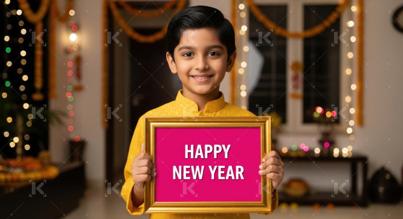 Smiling kid celebrates new year with frame and bright decorations.