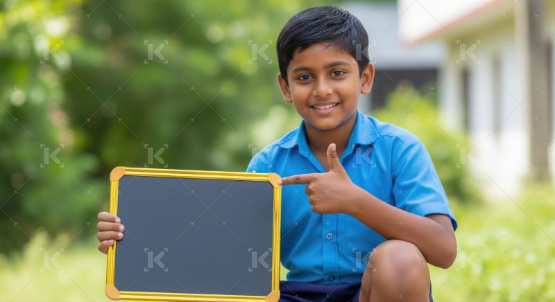 Cheerful young Indian student holding blank blackboard with copy space.