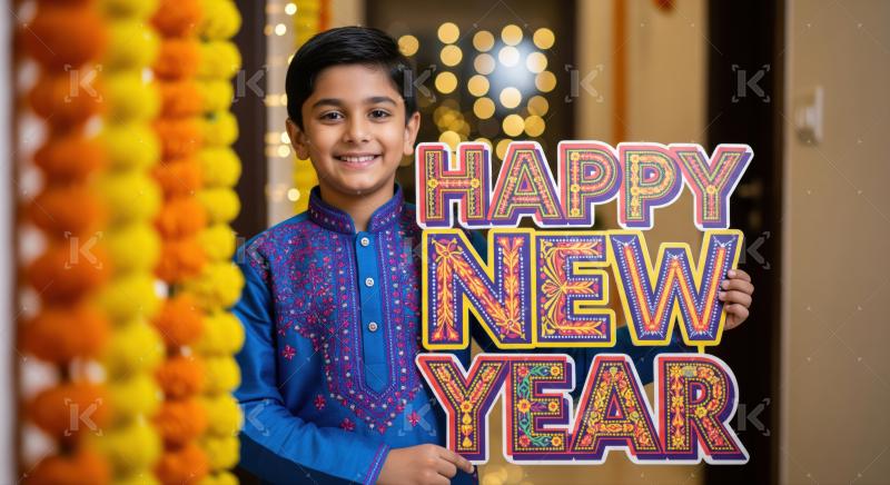 A cheerful Indian boy celebrating New Year festivities with a bright smile.