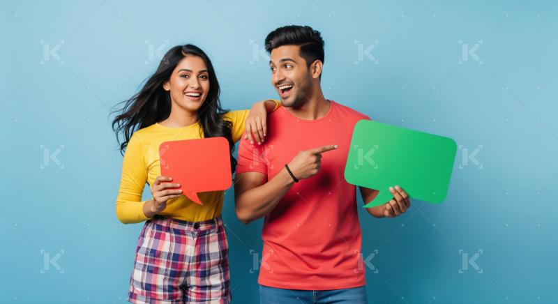 Diverse couple happily holding vibrant speech bubbles on blue background.