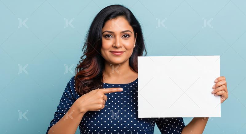 Beautiful Indian woman pointing to blank white card with space.