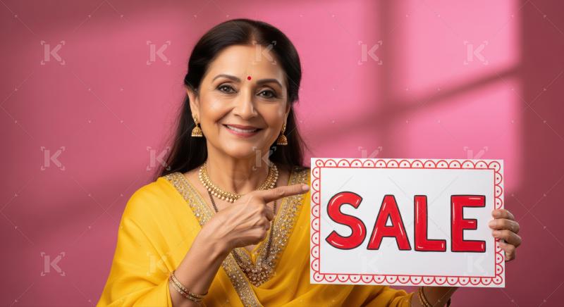 Happy woman promotes exciting shopping deals, discounts enthusiastically.