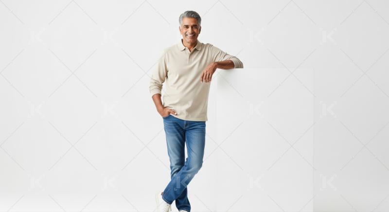 Confident Indian man smiling, leaning on a white block.