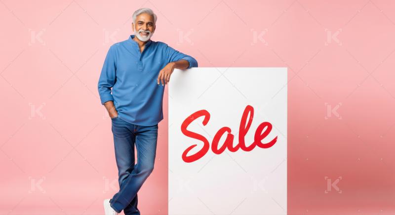 Cheerful Indian man proudly displays a big 'Sale' sign.
