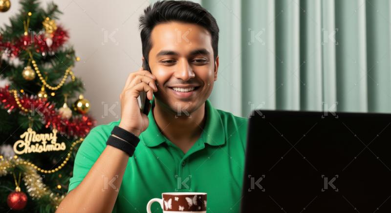 Young Indian man talking on phone near a decorated Christmas tree.