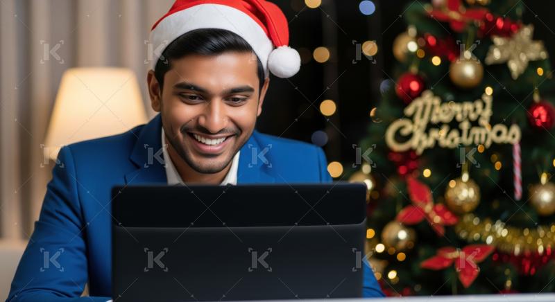 Smiling man in Santa hat on laptop, festive holiday background.