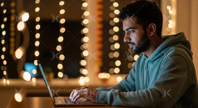 Focused young man diligently works on his laptop in a cozy evening.
