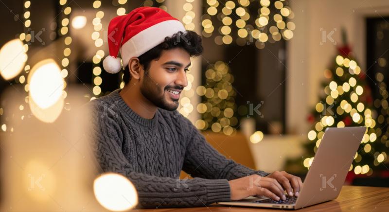 Smiling man wearing Santa hat, typing on laptop at Christmas.